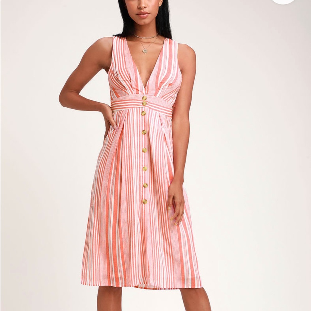 Lulu’s Estnelly Red Striped Button-Front Midi Dress